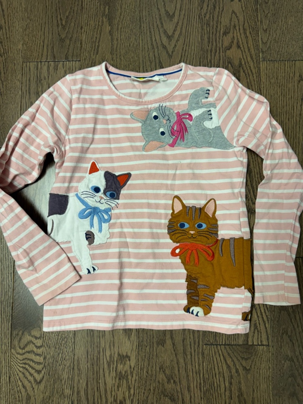 Mini Boden Pink & White Striped Long-Sleeve Tee with Three Cat Patches 8/9